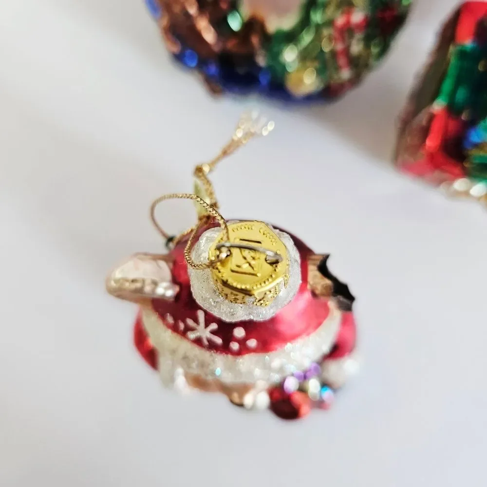 Vintage Brass Key Hand-Painted Glass Christmas Ornaments Bear Wreath Gift Stack